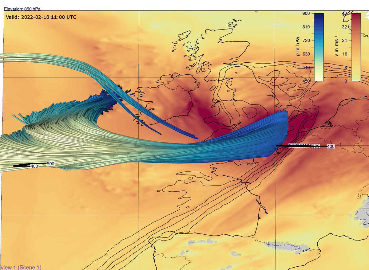 LeaEisenstein's tweet photo. ICON simulations show plenty trajectories descending to the boundary layer for several hours confirming a #stingjet during #StormEunice/#Zeynep. Here is an example for 11 UTC using @Met_3D. However, if and where it reached the surface isn’t certain. https://t.co/ITObNSVKyT