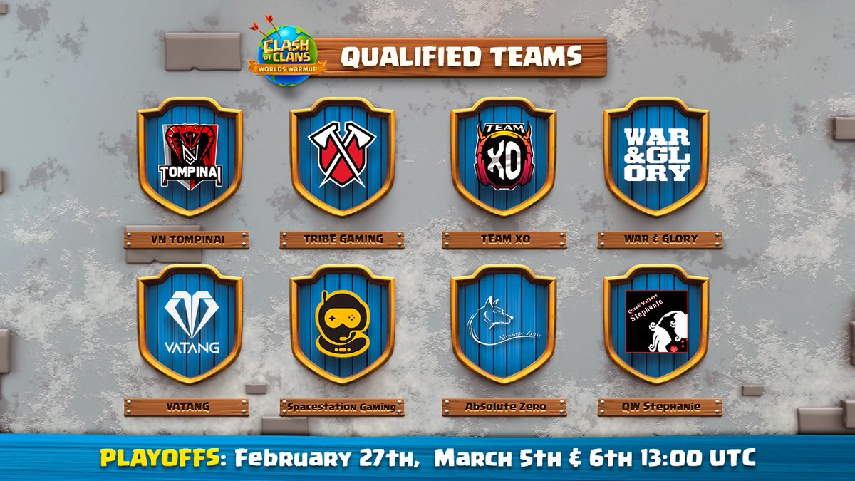 ¡Estos son los 8 equipos clasificados para los Playoffs del Worlds Warmup de <a href="/CoCEsports/">Clash of Clans Esports</a>!

⏰ 27 de febrero, 5 y 6 de marzo a partir de las 13h UTC.
🗒️Nota: De acuerdo a la norma 3.1 sobre desempates, Tribe Gaming ocupará el puesto de N.Y Amazing en los Playoffs.