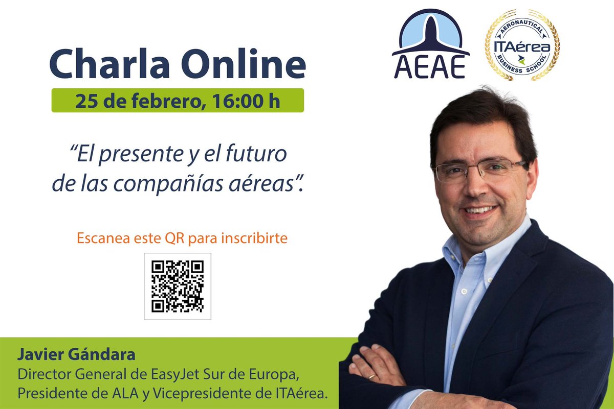 Hola EUROAVIAns!

 ¿Os gustaría saber cómo afrontan el futuro las aerolíneas? 
Desde @itaerea_Aero nos invitan a Asistir al webinar del 25 de febrero donde aprenderemos el caso EasyJet, de la mano de Javier Gándara