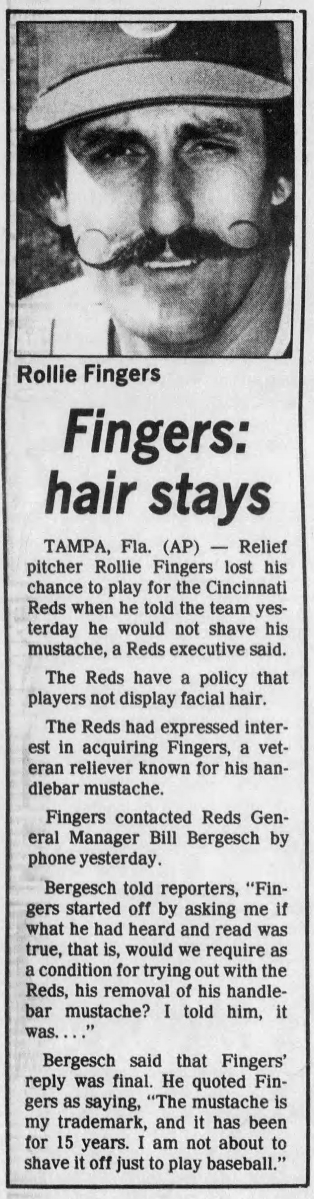 Baseball Almanac on X: #OTD 1986, Rollie Fingers refused to shave his  mustache and retired from #MLB. Newspaper story attached! See other events  from this date in baseball history on #BaseballAlmanac  [