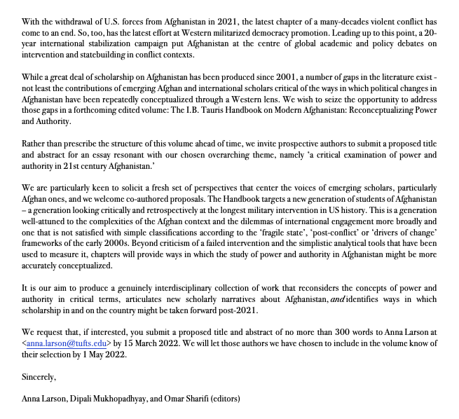 V excited to be co-editing a new volume with Anna Larson & Omar Sharifi. Here is our call for papers that offer 'a critical examination of power & authority in 21st century Afghanistan.' Proposed abstracts due 15 March 2022.