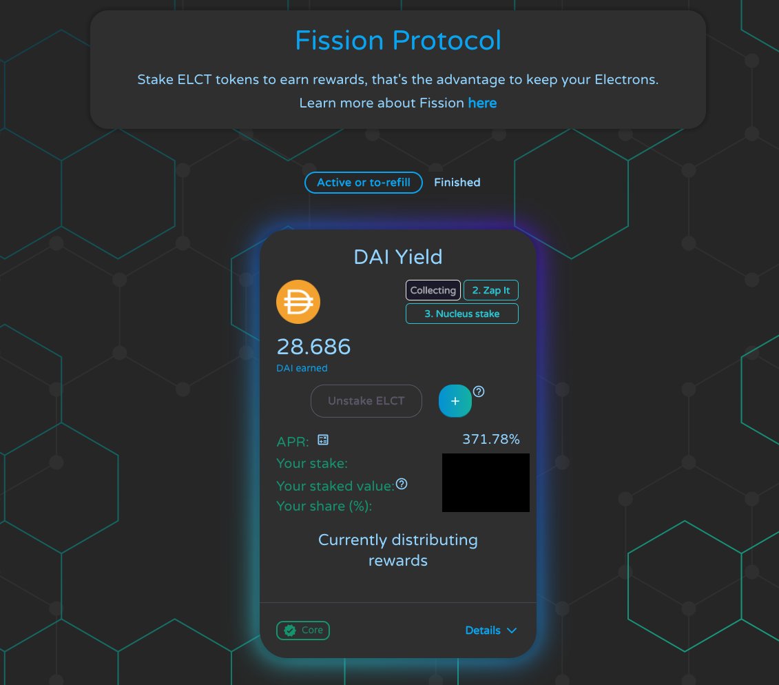 Loving <a href="/ProtoFiProtocol/">ProtoFi Ecosystem</a>'s new Zap feature on Fission rewards. 

It's now easier than ever to compound your DAI rewards to stack even more ELCT.

1) Go to your DAI rewards pool
2) Select the LP you want to Zap DAI rewards into
3) Stack more ELCT
4) Repeat

$FTM $PROTON $ELCT