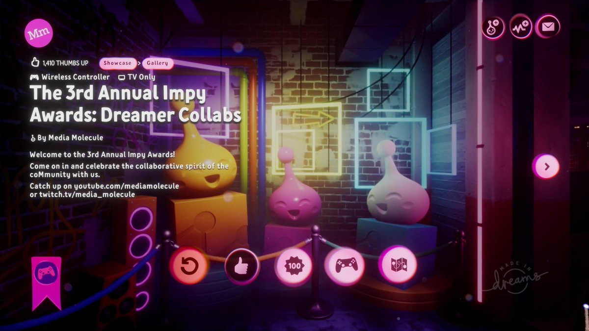 The 3rd Annual Impy Awards: Dreamer Collabs, our interactive #ImpyAwards experience, is now available on the Trial version of Dreams! 🎀

You'll spot it as the 2nd banner in DreamSurfing, just after Art's Dream! #MadeInDreams