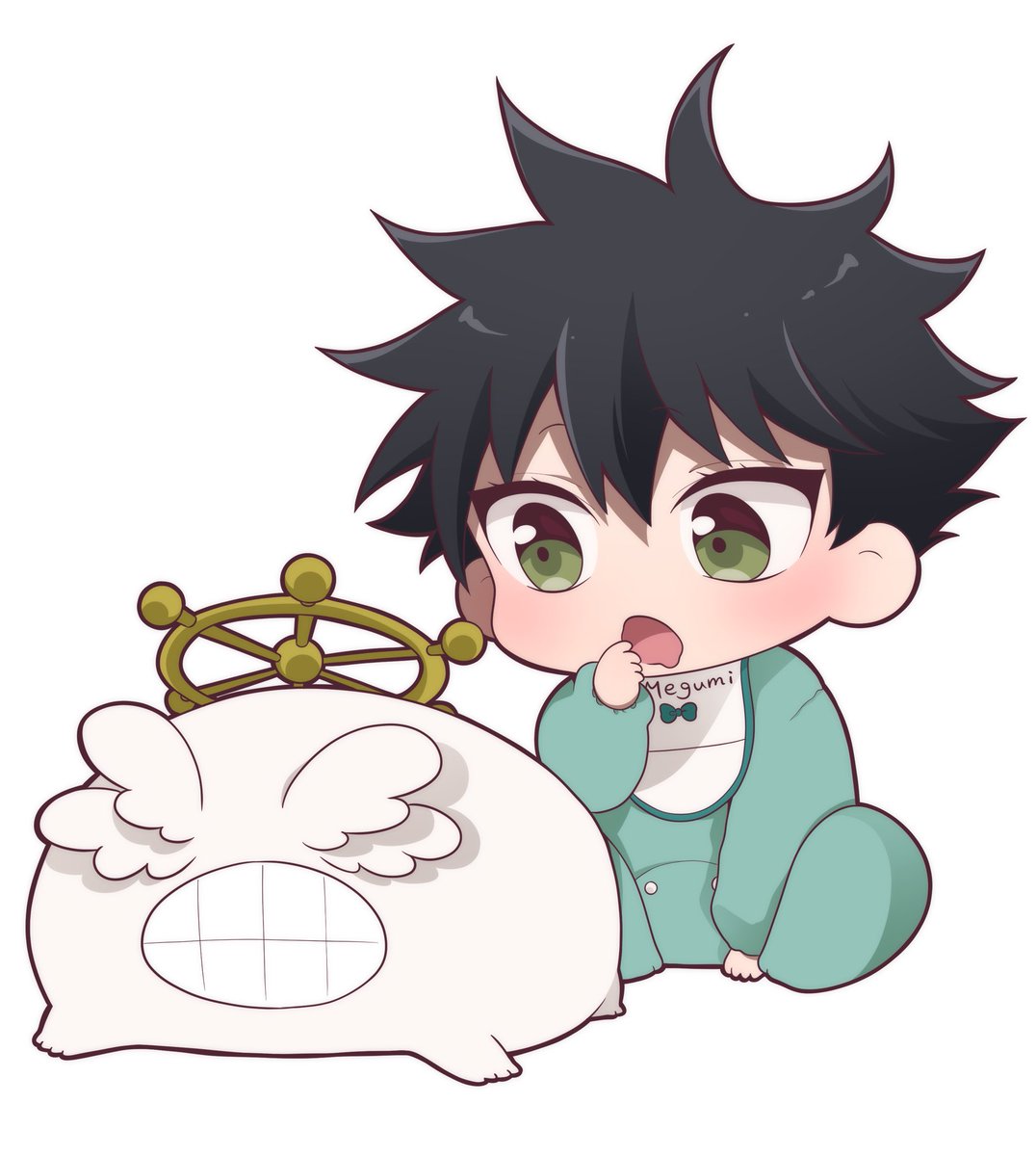 fushiguro megumi baby bib black hair green eyes aged down male focus spiked hair  illustration images