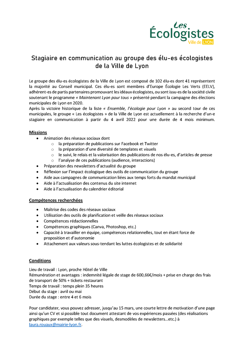 ElusEcolosLyon's tweet photo. 📣 𝗢𝗳𝗳𝗿𝗲 𝗱𝗲 𝘀𝘁𝗮𝗴𝗲 📣 Nous recherchons un ou une stagiaire en communication pour rejoindre notre équipe 🔝 Relais fortement appréciés 🙌
#politique #stagecommunication #lyon https://t.co/QDmoqJDsHw