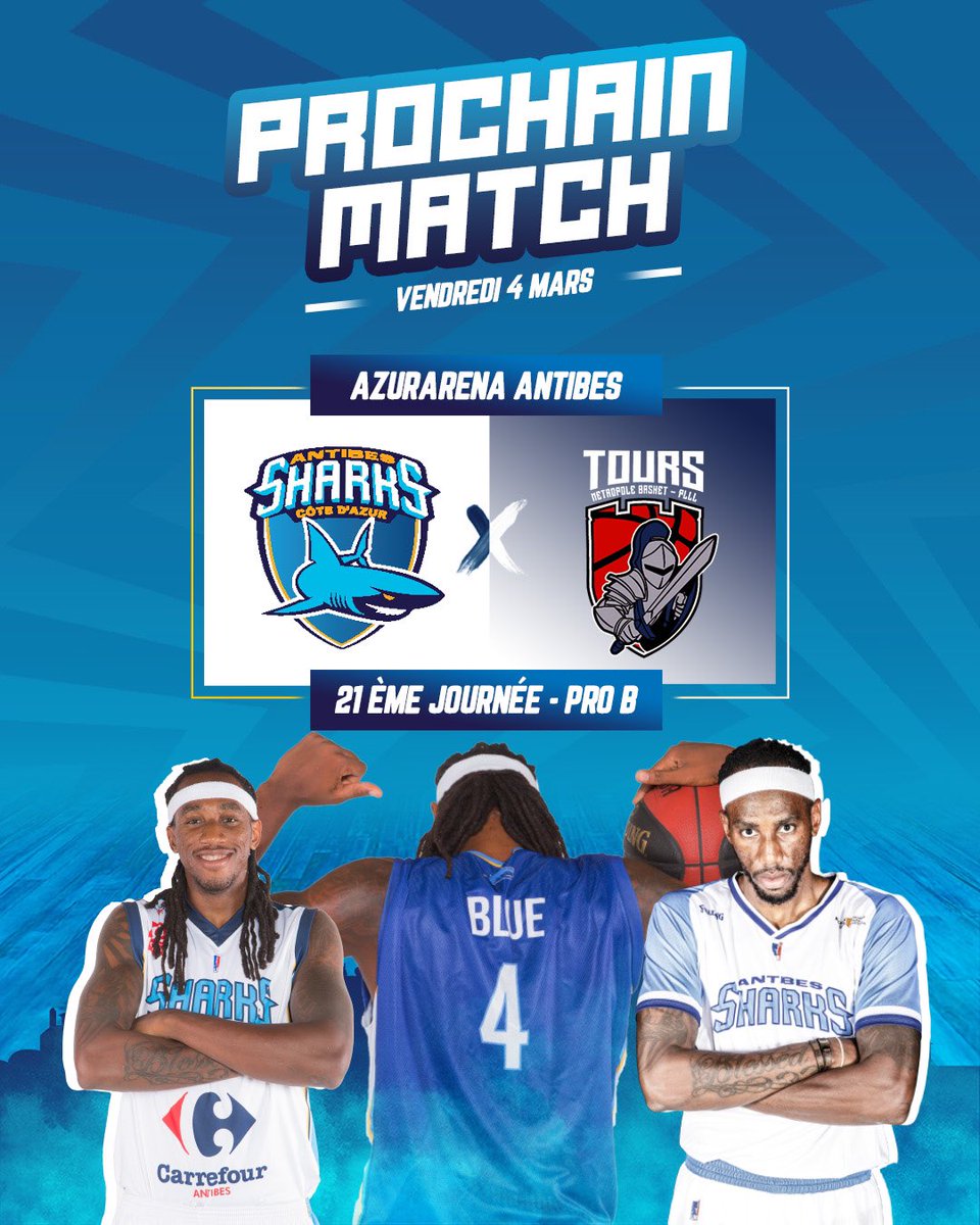 AntibesSharks's tweet photo. 💥 Prochain Match 💥

🏟 Soirée évènement à l’Azurarena vendredi 4 mars ✨
🏀 En marge du match Antibes-Tours, une cérémonie sera organisée en l’honneur de Tim Blue 🔵
🙏🏼 Venez célébrer la légende des Sharks lors d’une soirée d’exception : https://t.co/6nTaay9zL1 

#GoSharks https://t.co/sc5kkLJQQL