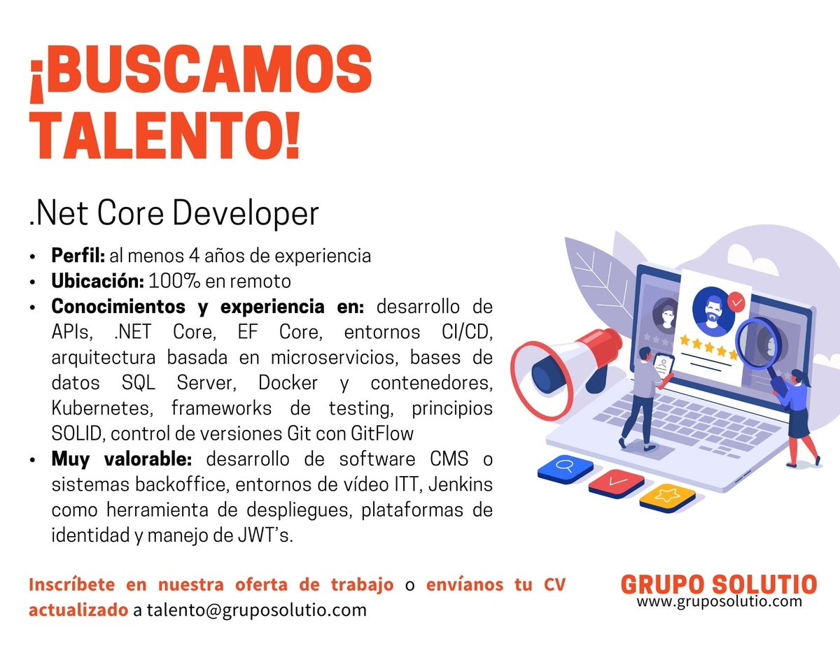 Grupo_Solutio's tweet photo. Buscamos a un/a .Net Core Developer para trabajar en remoto en compañía del sector deportivo ubicada en Madrid. 

➡Aplica aquí: https://t.co/u8v6F0VMDT
➡Envíanos tu CV a talento@gruposolutio.com
  
#SolutioTalent #DesarrolladorPuntoNet #DotNetCoreDeveloper #puntonetcore https://t.co/v8GIcJ68t9