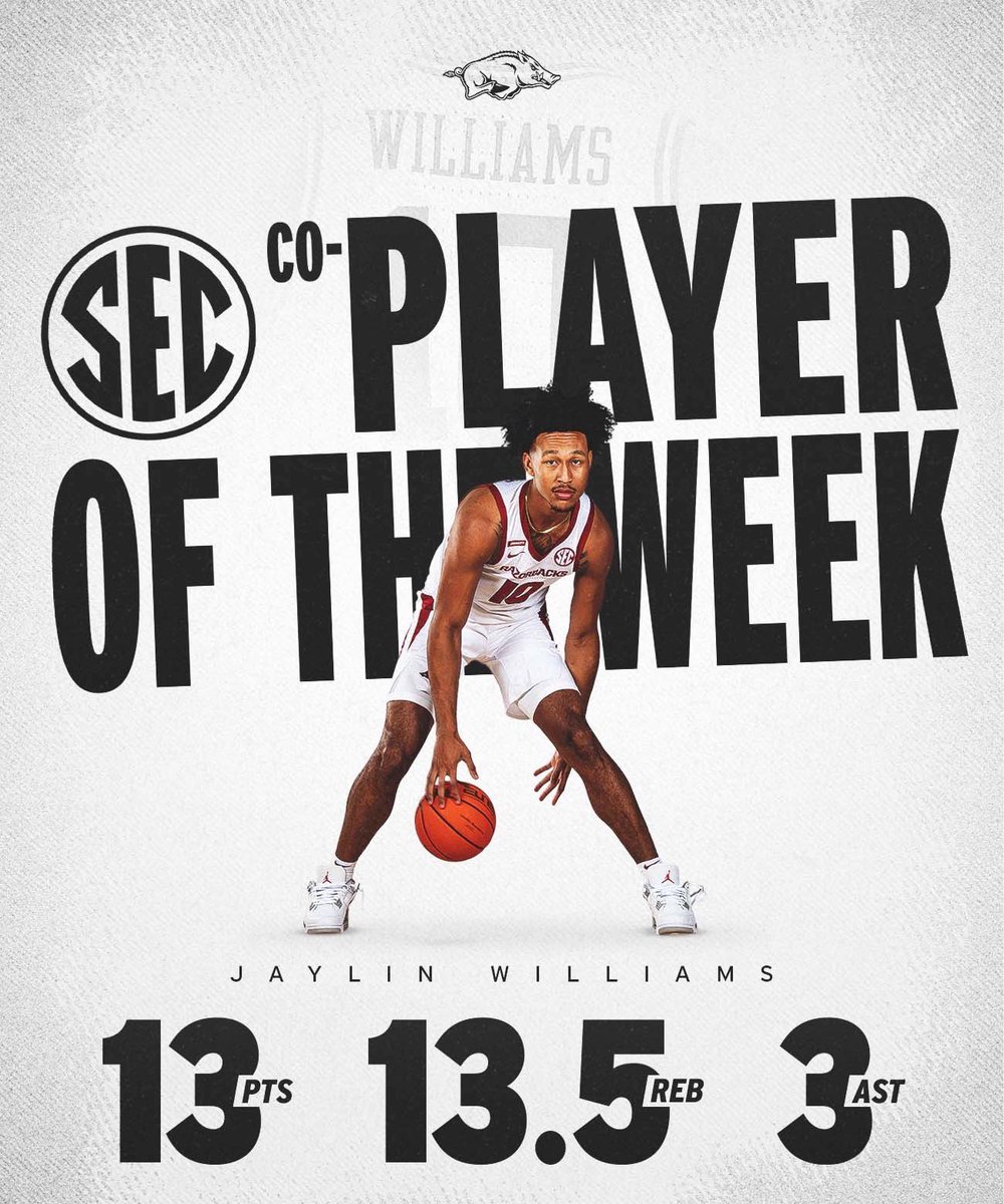Congratulations <a href="/Jay_MWilliams_/">Jaylin Williams</a> on being named <a href="/SEC/">Southeastern Conference</a> Player of the week!