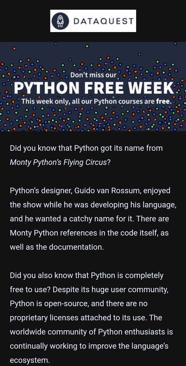 teneikaask_you's tweet photo. Free Dataquest Python Courses for Python's 31st anniversary!

https://t.co/EyqvukZQxv https://t.co/sp3bSTCZJa