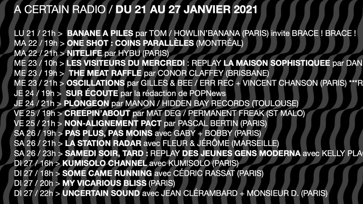 CETTE SEMAINE SUR acertainradio.fr !
Avec @HowlinBananarec, Coins Parallèles, <a href="/Hybu/">Hybu</a>, Daniel Dauxerre, Conor Claffey, <a href="/ERR_REC/">ERR REC</a>, <a href="/popnews/">POPnews</a>, <a href="/hiddenbayrec/">Hidden Bay Records</a>, Permanent FREAK, Pascal Bertin, Gabi + Bobby, <a href="/Lastationradar/">La Station Radar</a>, <a href="/kumisolo/">kumisolo</a>, <a href="/CedricRassat/">Cédric Rassat</a>, <a href="/vicariousbliss/">Vicarious Bliss</a>, J. Clerembard