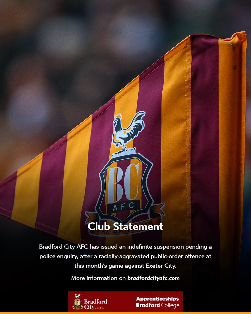 📜 CLUB STATEMENT | We have issued an indefinite suspension pending a police enquiry, after a racially-aggravated public-order offence at this month’s game against @OfficialECFC. ➡️ | Read: bit.ly/StatementRacis… #BCAFC | #TakeMeHome