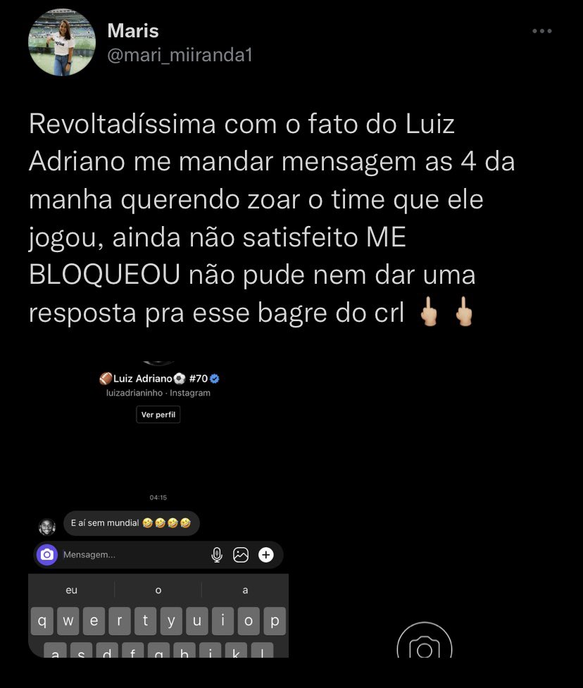 futebol_info's tweet photo. Torcedora do Palmeiras postou print da mensagem que recebeu do atacante Luiz Adriano, ex-jogador do clube: “E aí, sem Mundial”.

Em seguida, Luiz Adriano bloqueou a torcedora. https://t.co/FArCqBagJX