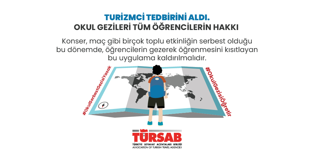 TURİZMCİ TEDBİRİNİ ALDI OKUL GEZİLERİ TÜM ÖĞRENCİLERİN HAKKI
Konser, maç gibi toplu etkinliklerin serbest olduğu bu dönemde öğrencilerin gezerek öğrenmesini kısıtlayan bu uygulama kaldırılmalıdır.
#OkulSerbestGezisiYasak #OkulGezisiÖğretir
<a href="/tcmeb/">Millî Eğitim Bakanlığı</a> <a href="/saglikbakanligi/">T.C. Sağlık Bakanlığı</a> <a href="/drfahrettinkoca/">Dr. Fahrettin Koca</a>