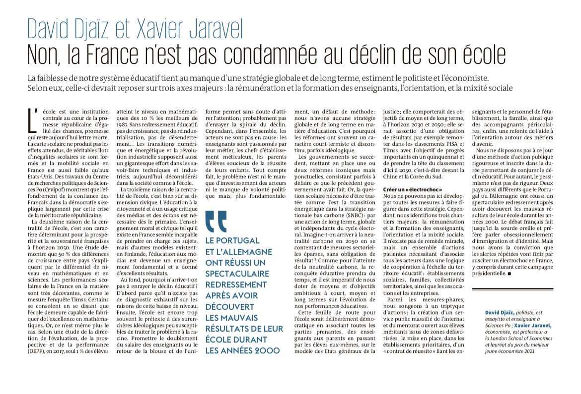 Planification, suite (et pas fin). Avec <a href="/XJaravel/">Xavier Jaravel</a>, nous publions aujourd’hui dans <a href="/lemondefr/">Le Monde</a> un plaidoyer pour une méthode d’action publique originale, rigoureuse, et de longue haleine pour conjurer le déclin éducatif, sur le modèle de la stratégie nationale bas carbone.