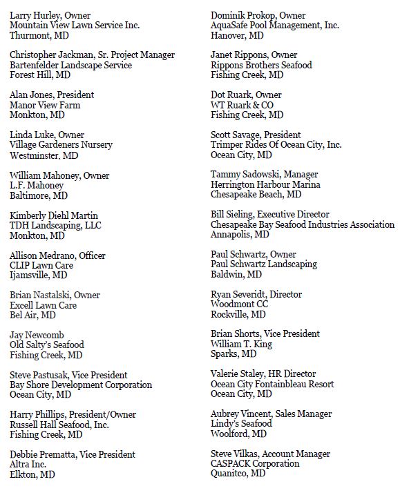 46 of MD's seasonal employers sent a letter to <a href="/VanHollenForMD/">Chris Van Hollen</a> and <a href="/SenatorCardin/">Senator Ben Cardin</a> asking them to work with <a href="/LindseyGrahamSC/">Lindsey Graham</a> on including an #H2B Returning Worker Exemption in the upcoming gov't funding bill. An RWE is the only solution that helps all of MD's seasonal employers!