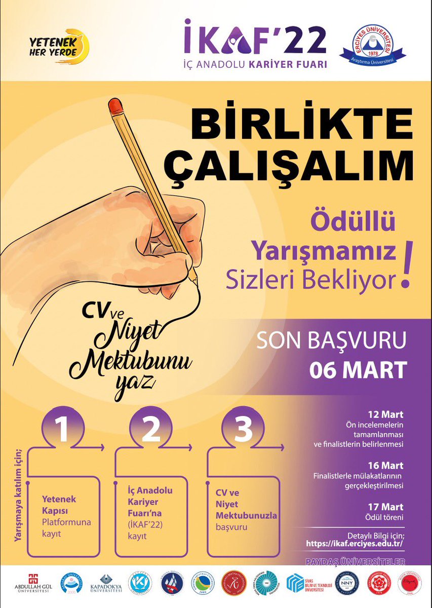 Kendinizi denemek için güzel bir fırsat. Bakalım jüri üyelerine “BİRLİKTE ÇALIŞALIM” dedirtebilecek misiniz? CV’ni oluştur, Niyet Mektubunu yaz. Yarışmaya başvur. Son başvuru:6 Mart.  Başvuru için yetenekkapisi.org adresini ziyaret et.  <a href="/tccbiko/">T.C. Cumhurbaşkanlığı İnsan Kaynakları Ofisi</a> <a href="/yetenekheryerde/">Yetenek Her Yerde</a>