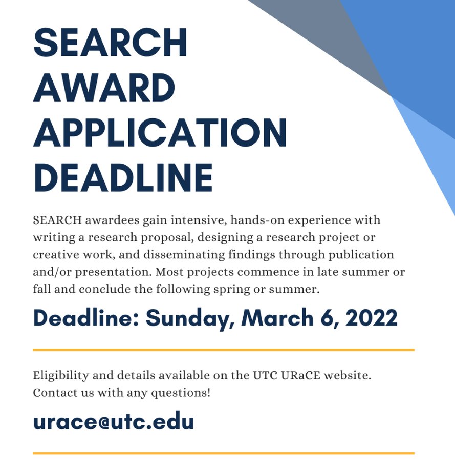 Apply for our SEARCH award to get an award to fund a research project! Awardees will write a research proposal, design a research project or creative work, and disseminate findings through publication and/or presentation! utc.edu/research/under…