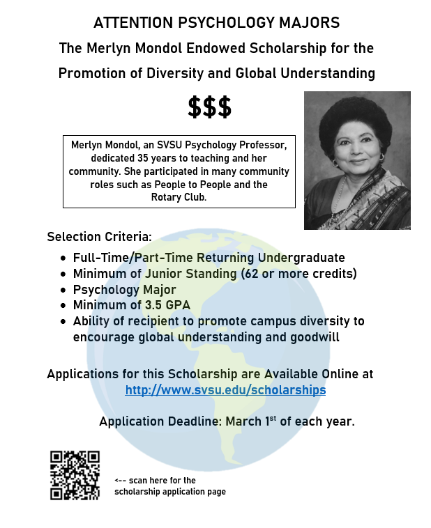 PsychologySvsu's tweet photo. Quick reminder that applications for the @SVSU Robinson and Mondol scholarships (and most other internal awards) are due in just a week!
Get those materials finalized and submitted folks! Go here: https://t.co/uEanzgb5n6
#SVSU
#WePsych
#Scholarships https://t.co/06STsjGo8s