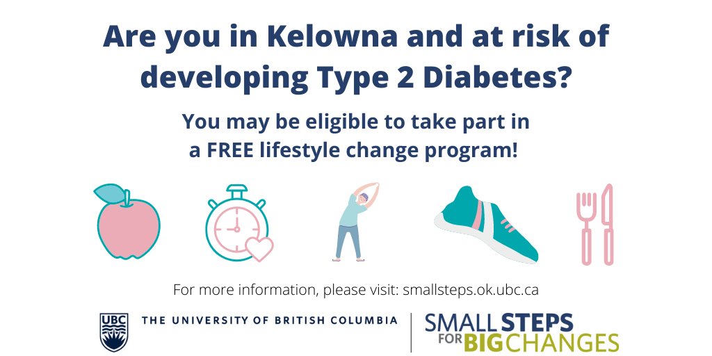 Are you in the #Kelowna area and at risk of #type2diabetes?

You may be eligible to take part in a FREE lifestyle change program! 🍎

For more information and to see if you may be eligible, click here &gt;&gt; smallsteps.ok.ubc.ca 

#prediabetes #diabetesprevention @ymcaokanagan
