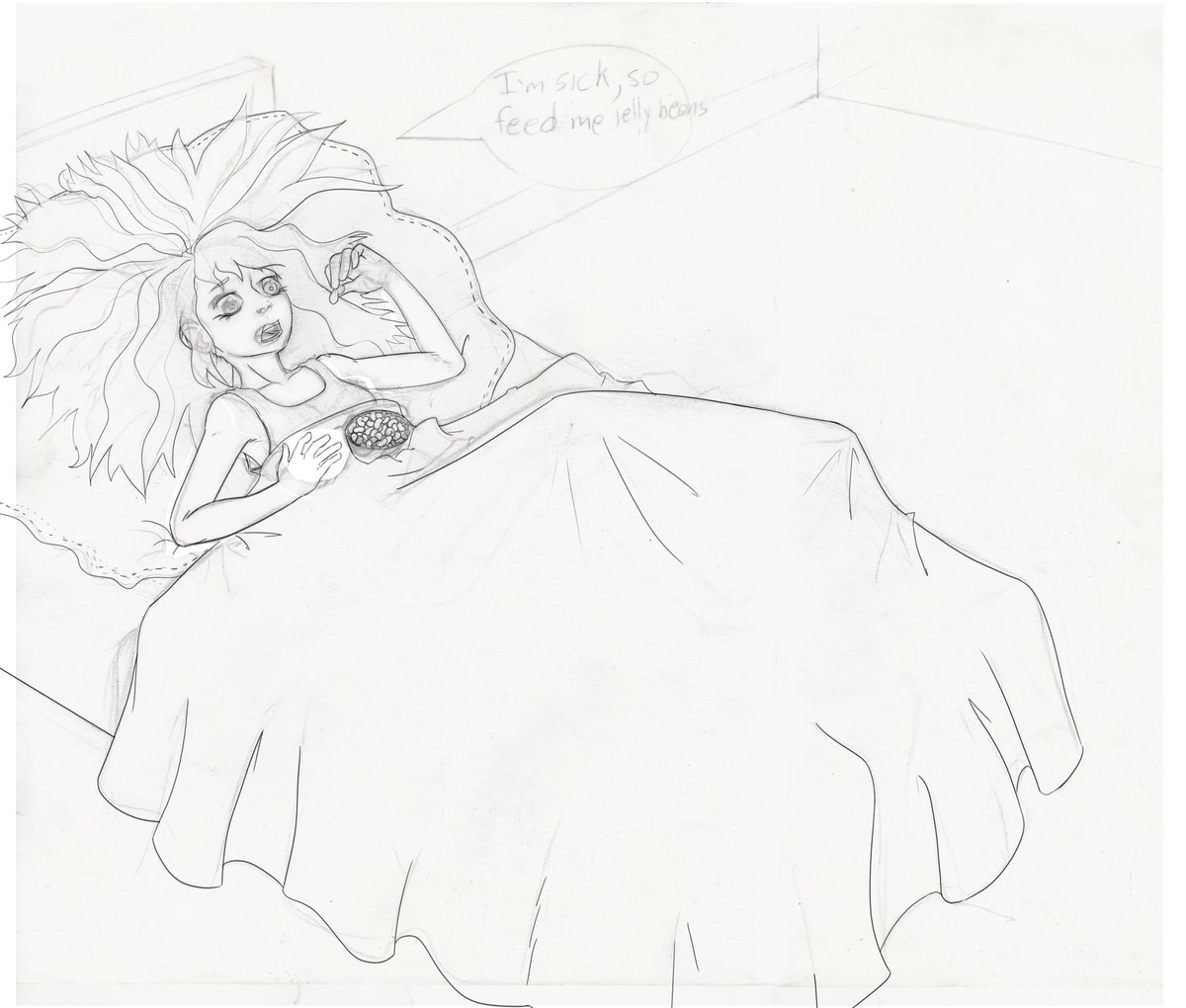 RY_ON_BO's tweet photo. it's been a while, i finished a piece. a sick girl in bed taking advantage of her time in recovery. 
#austine #ryonbo #anemic #cute #cartoonstyle #sketch #jellybeans #wavyhair https://t.co/S22o18iad2