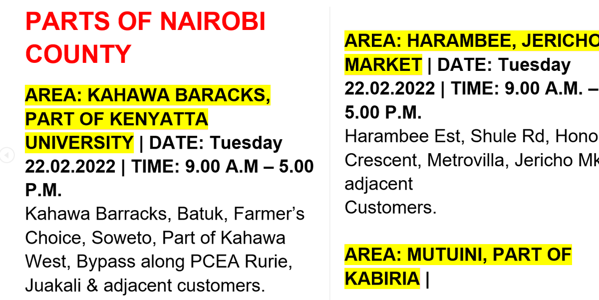 KenyaPower_Care's tweet photo. Good evening our esteemed customers, the following areas are scheduled for power interruption dated tomorrow (22/02/2022).^RM https://t.co/CIsS8ykVb7