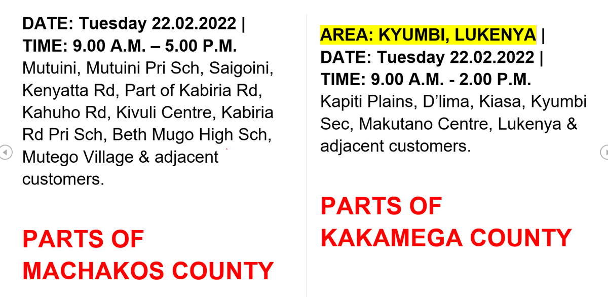 KenyaPower_Care's tweet photo. Good evening our esteemed customers, the following areas are scheduled for power interruption dated tomorrow (22/02/2022).^RM https://t.co/CIsS8ykVb7