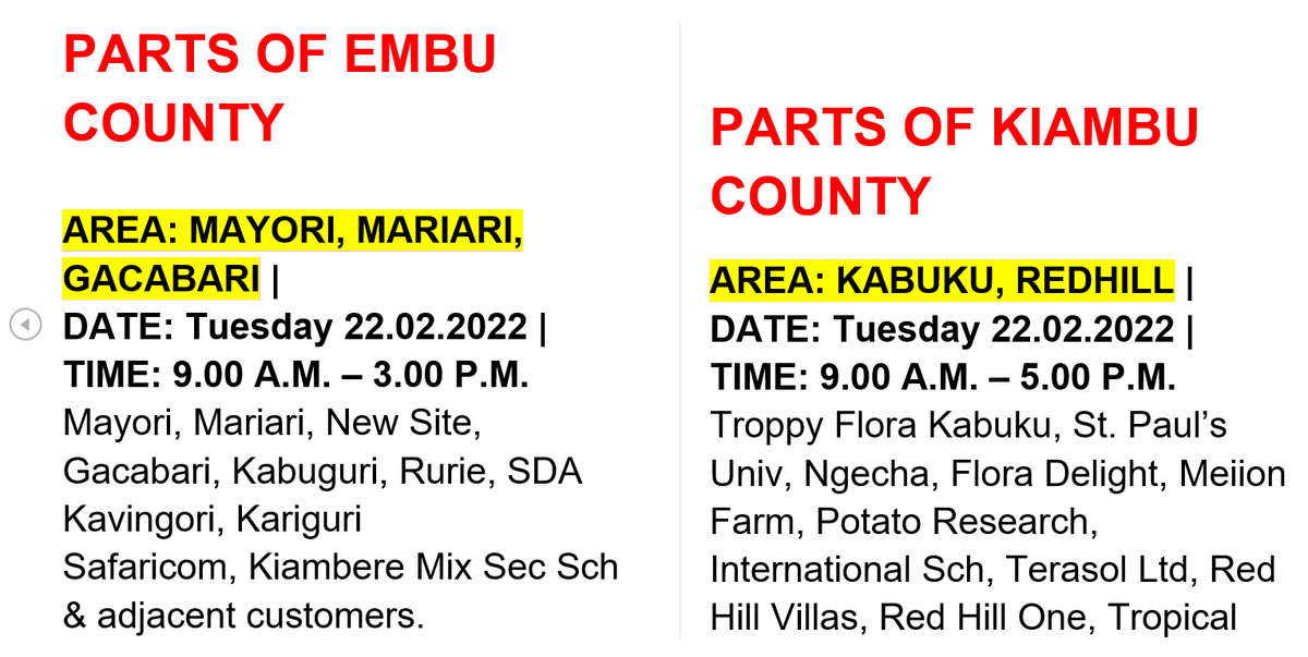 KenyaPower_Care's tweet photo. Good evening our esteemed customers, the following areas are scheduled for power interruption dated tomorrow (22/02/2022).^RM https://t.co/CIsS8ykVb7