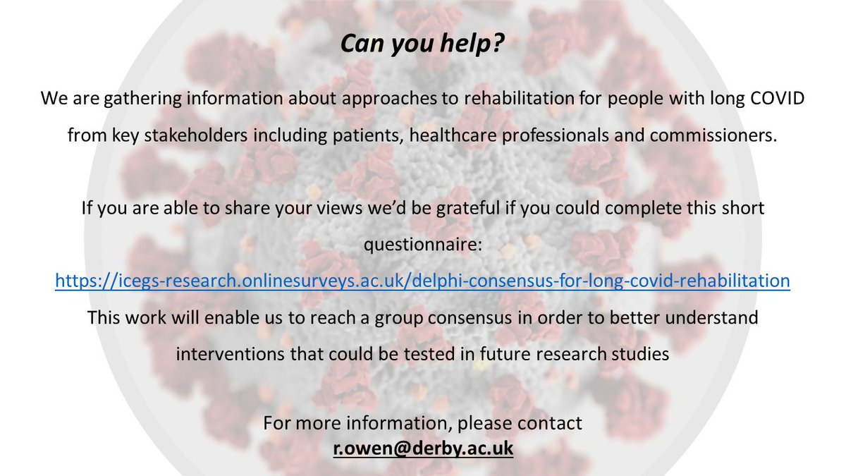 Mark Faghy (@drmark_faghy) on Twitter photo Are you a healthcare worker or patient living with #LongCovid Can you spare 20 minutes to share your thoughts on support mechanisms to improve patient outcomes?
icegs-research.onlinesurveys.ac.uk/delphi-consens…
@Dr_D_Dosanjh <a href="/Predict_Prevent/">Birmingham Clinical Trials Unit</a> <a href="/RespResearchUHB/">UHBRespResearch</a> <a href="/lungtaskforce/">Taskforce For Lung Health</a> <a href="/LungHealthFdn/">Lung Health Foundation</a> <a href="/BALRcommunity/">British Association for Lung Research (BALR)</a> Are you a healthcare worker or patient living with #LongCovid Can you spare 20 minutes to share your thoughts on support mechanisms to improve patient outcomes?
icegs-research.onlinesurveys.ac.uk/delphi-consens…
@Dr_D_Dosanjh <a href="/Predict_Prevent/">Birmingham Clinical Trials Unit</a> <a href="/RespResearchUHB/">UHBRespResearch</a> <a href="/lungtaskforce/">Taskforce For Lung Health</a> <a href="/LungHealthFdn/">Lung Health Foundation</a> <a href="/BALRcommunity/">British Association for Lung Research (BALR)</a>
