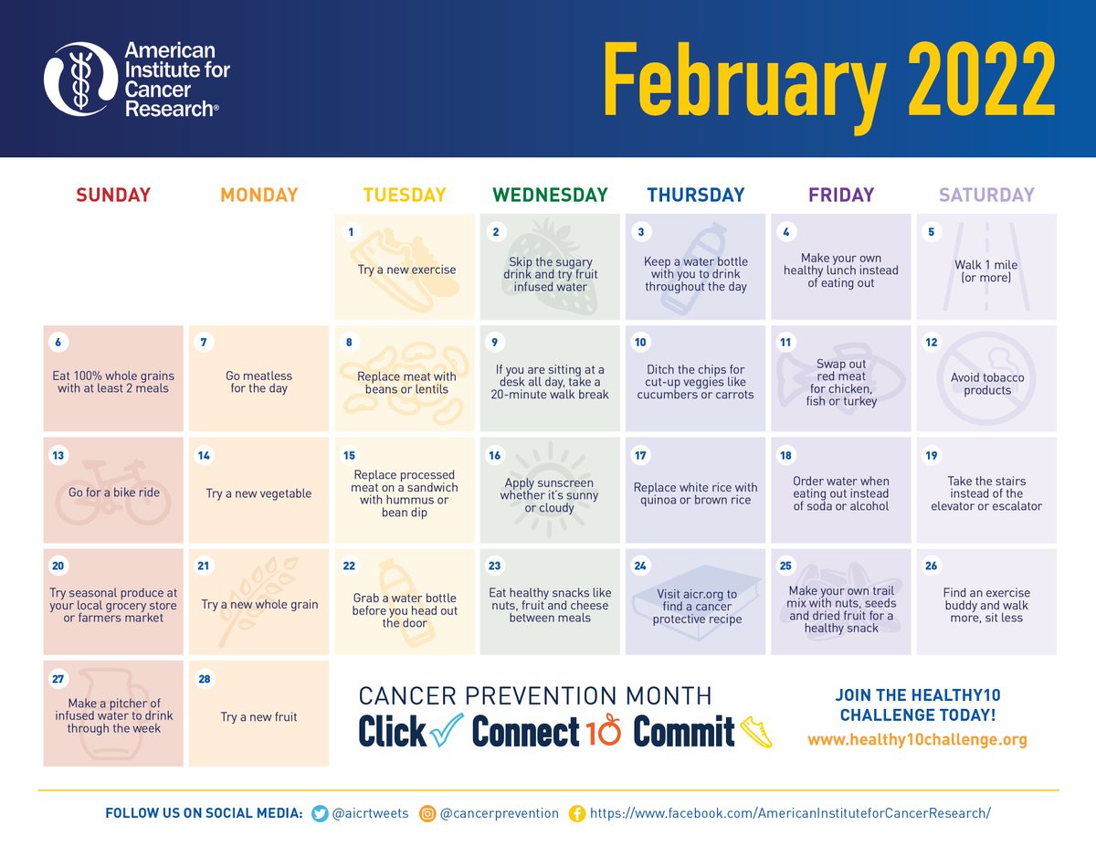 Just 30 min. of physical activity 5x/week can go a long way towards improving your health & reducing risk of cancer.  Join me & @aicrtweets as we commit to completing 30-minutes of movement today & daily healthy habits that #ReduceYourRisk this National #CancerPrevention month!