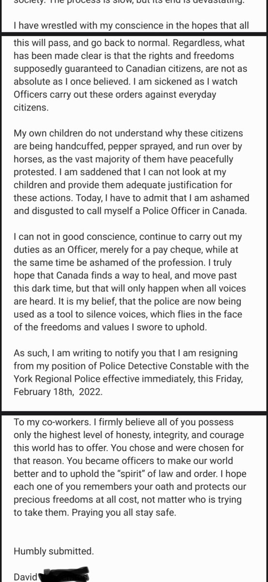 Ontario Police Constable resigns and gives a heartfelt farewell letter of resignation. We respect the request for anonymity as we post this letter. We hope it resonates with all members of law enforcement as they consider its contents. #charterofrightsandfreedoms