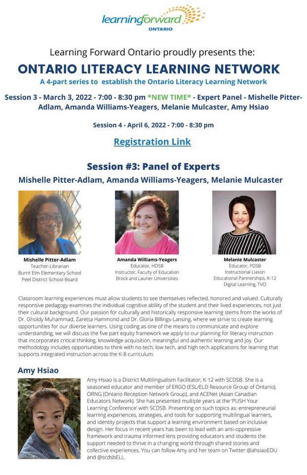 Don’t miss this! The 3rd session for the Ontario Literacy Learning Network is Thurs Mar 3 7-8:30 pm ET

An engaging panel of Ontario Educators will support our co-construction of key #Literacy topics today! @burntelmlibrary <a href="/the_mulc/">Melanie Mulcaster</a> &amp; <a href="/ahsiaoEDU/">Amy Hsiao</a> 
eventbrite.ca/e/learning-for… #onted