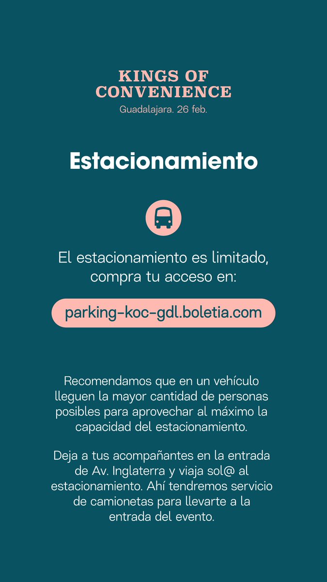 Planea tu llegada al concierto de Kings of Convenience en Guadalajara 🚲🚗. Podrás estacionar tu bici dentro del lugar (no olvides tu candado) o puedes hacer carpool con tus amigos y anticipar la reserva de tu estacionamiento 
parking-koc-gdl.boletia.com