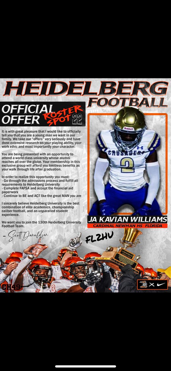Ja’kavian “Too Fast” Williams (@kaviewilliams2) on Twitter photo Blessed to receive an offer from Heidelberg University ⚫️🟠 @Maxwe11uk <a href="/Coach_Donaldson/">Scott Donaldson</a> <a href="/BergFootball/">Heidelberg Football</a> Blessed to receive an offer from Heidelberg University ⚫️🟠 @Maxwe11uk <a href="/Coach_Donaldson/">Scott Donaldson</a> <a href="/BergFootball/">Heidelberg Football</a>