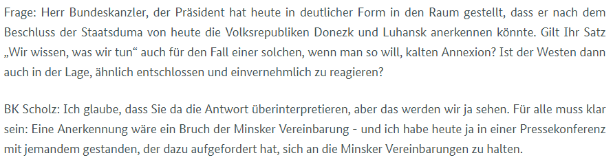 stephandetjen's tweet photo. "Ich glaube, dass Sie da die Antwort [Putins] überinterpretieren, aber das werden wir ja sehen. " BK Scholz vor einer Woche nach seiner PK mit Putin auf meine Frage zur Drohung des russ. Präsidenten, die Separatistengebiete anzuerkennen. (Transkript Bundespresseamt) https://t.co/mD0t2MtKBW