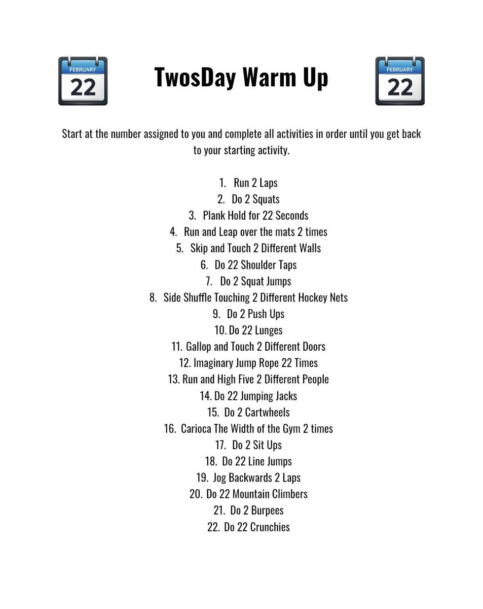 MrNelsonPhysEd's tweet photo. Twosday Warm Up for tomorrow, 2/22! https://t.co/rcduiabscH