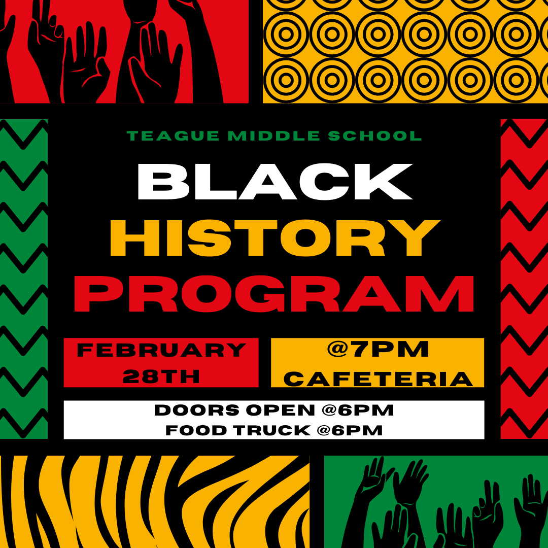 I'm so excited about our Black History Program next week! Please come out next Monday to support our Students and Staff at our Black History Program. We will have special guests <a href="/ChoirDavis/">Davis High School Choir</a> and <a href="/Nimitz_Angels/">Nimitz _ Angels</a> there to perform. 
<a href="/TeagueMS_AISD/">Teague Middle School</a> <a href="/teaguechoir/">Teague Middle School Choir</a> @mrslange <a href="/AldineISD/">Aldine ISD</a>