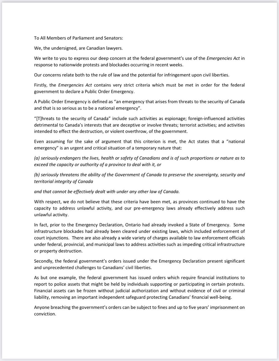 jamesbezan's tweet photo. I agree with these lawyers that the threshold for using the Emergencies Act hasn’t been met. Our civil liberties are being violated and Trudeau has failed. I will be voting against the use of the Act tonight at approximately 7 CT. #cdnpoli #EmergenciesAct https://t.co/zBkb4SCqV2