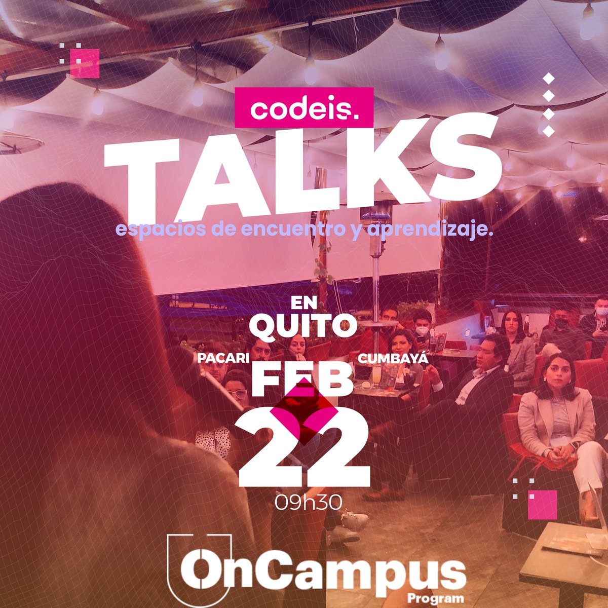 codeisec's tweet photo. CODEIS 🎉en conjunto con el programa Hult Prize On Campus de la Universidad Yachay Tech, UNAE, ESPOCH y UTPL 🚀 se complacen en invitarlos al evento de networking, Codeis Talks, previsto a realizarse el martes 22 de febrero en Pacari Cumbayá a las 9h30 AM.✨
#SomosCodeis https://t.co/b8rWHRgBtj