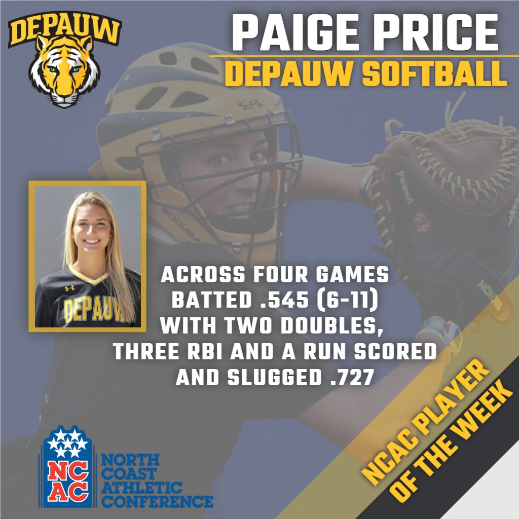 DePauwAthletics's tweet photo. 🥎 Paige Price &amp; Cami Henry of the #1 @DePauwSoftball team were also named Player &amp; Pitcher of the week after their performances @ the BCS Tournament
🎽 Erin Pasch of @DePauwXCTF broke her own record in the pentathlon after taking 1st @ the NCAC Championships.
🧵(2/2) #TeamDePauw https://t.co/sgeT0gvg3G