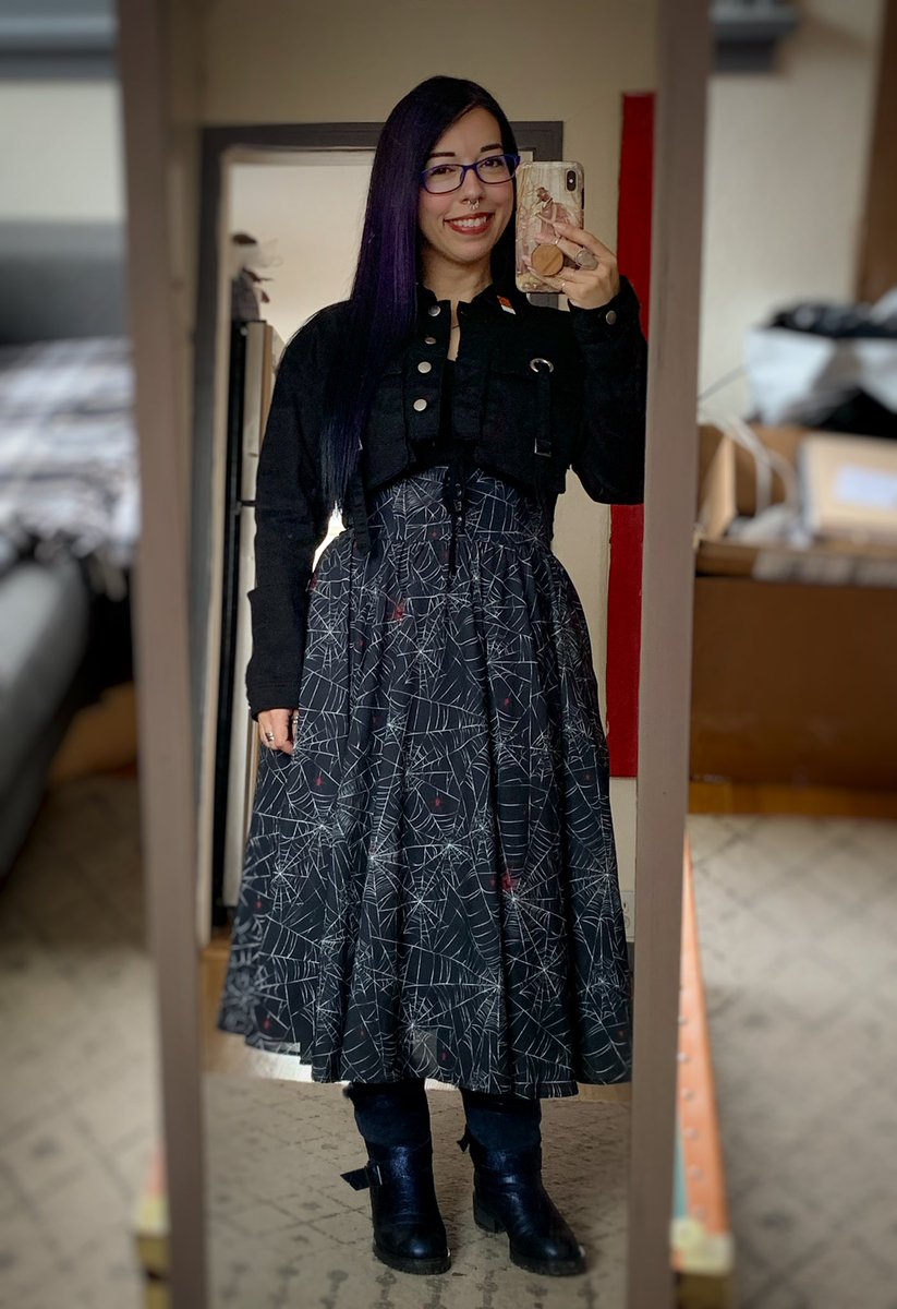 The cheerful goth is back today. For like…however long my cheer can last. So probably not long. Enjoy it while y’all can, babes. Wearing a spooky <a href="/teampinup/">Pinup Girl Clothing</a> dress, <a href="/FoxbloodShop/">Foxblood</a> jacket, pins by <a href="/LivelyGhosts/">Lively Ghosts</a>, and boots by Ross &amp; Snow.