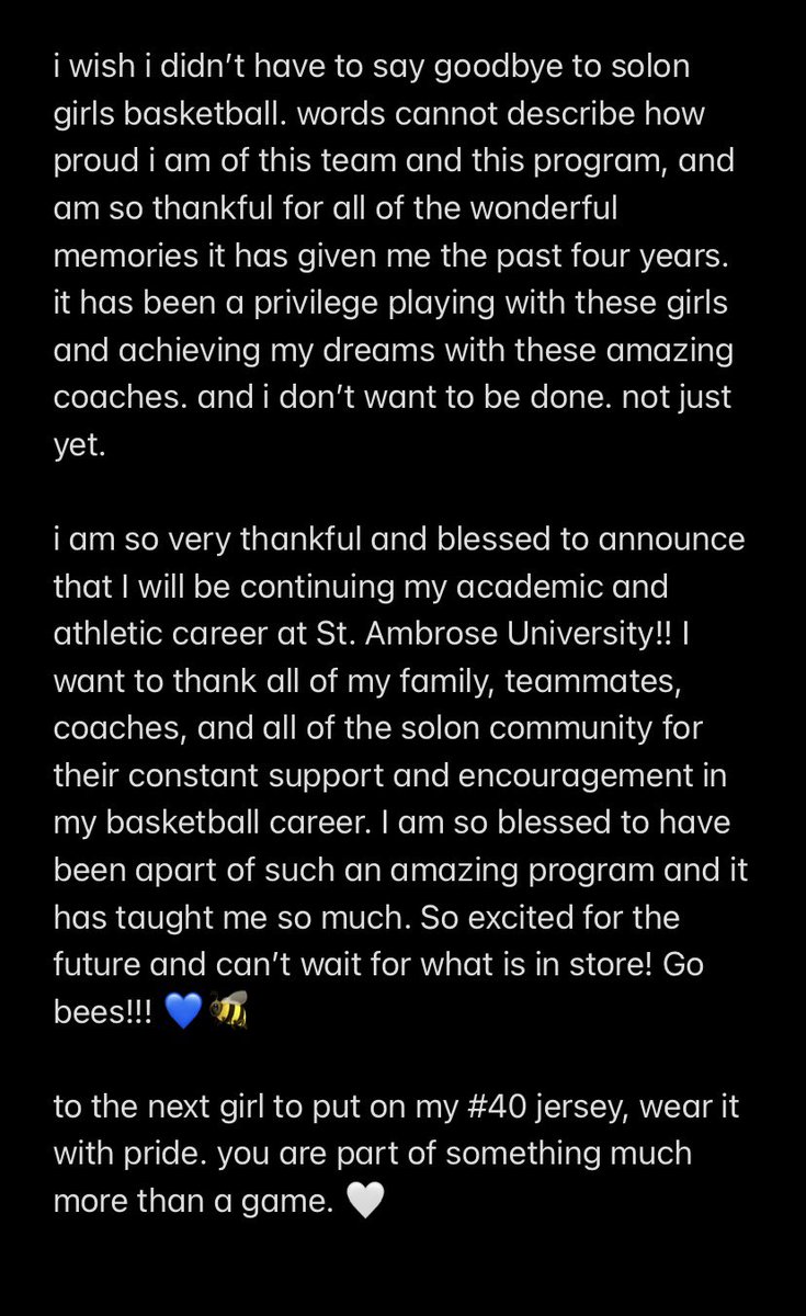 e_holubar14's tweet image. Thank you to al of my coaches, teammates, and the Solon community for inspiring me to constantly follow my dreams! 🤍 I would not be the player I am today without you all. So excited for what the future has in store!!