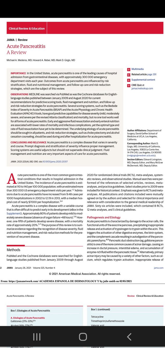 🔰Pancreatitis Aguda: Una Revisión 
📝JAMA - Enero 2021

•Diagnóstico, clasificacion y tratamiento
•que funciona y que no en adjunto a evidencia 

doi:10.1001/jama.2020.20317
🪄(Enlace de descarga directa en comentarios)