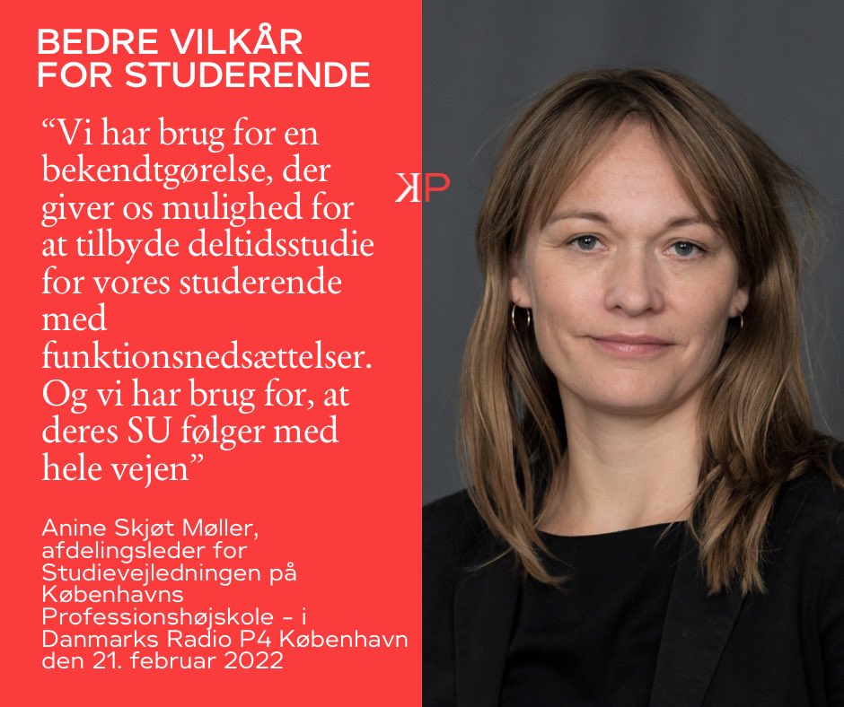 En ny rapport fra Uddannelses- og Forskningsstyrelsen viser, at studerende med funktionsnedsættelser ofte falder fra på uddannelsen og må slide langt mere i det for at gennemføre studiet. Bedre mulighed for deltidsstudie er en del af løsningen, siger <a href="/A_nin_e/">Anine Skjøt Møller</a> i @P4Kbh #uddpol
