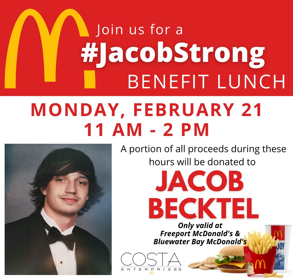 ProffittPR's tweet image. Don't forget to swing by the Bluewater Bay or Freeport @CostaMcD locations to grab lunch as we raise money for their employee, Jacob Becktel, and his fight against cancer! #JacobStrong
Happening NOW until 2 p.m. (CST) 🍟