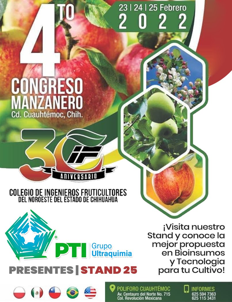 PtiMexico's tweet photo. Presentes en el 4to Congreso Manzanero en Ciudad Cuauhtémoc Chihuahua este 23,24 y 25 de febrero, los esperamos en el -STAND 25- ¡Visita nuestro Stand y conoce la mejor propuesta 
en Bioinsumos y Tecnologia para tu Cultivo. 

#congresomanzanero https://t.co/CRolO0OEkm