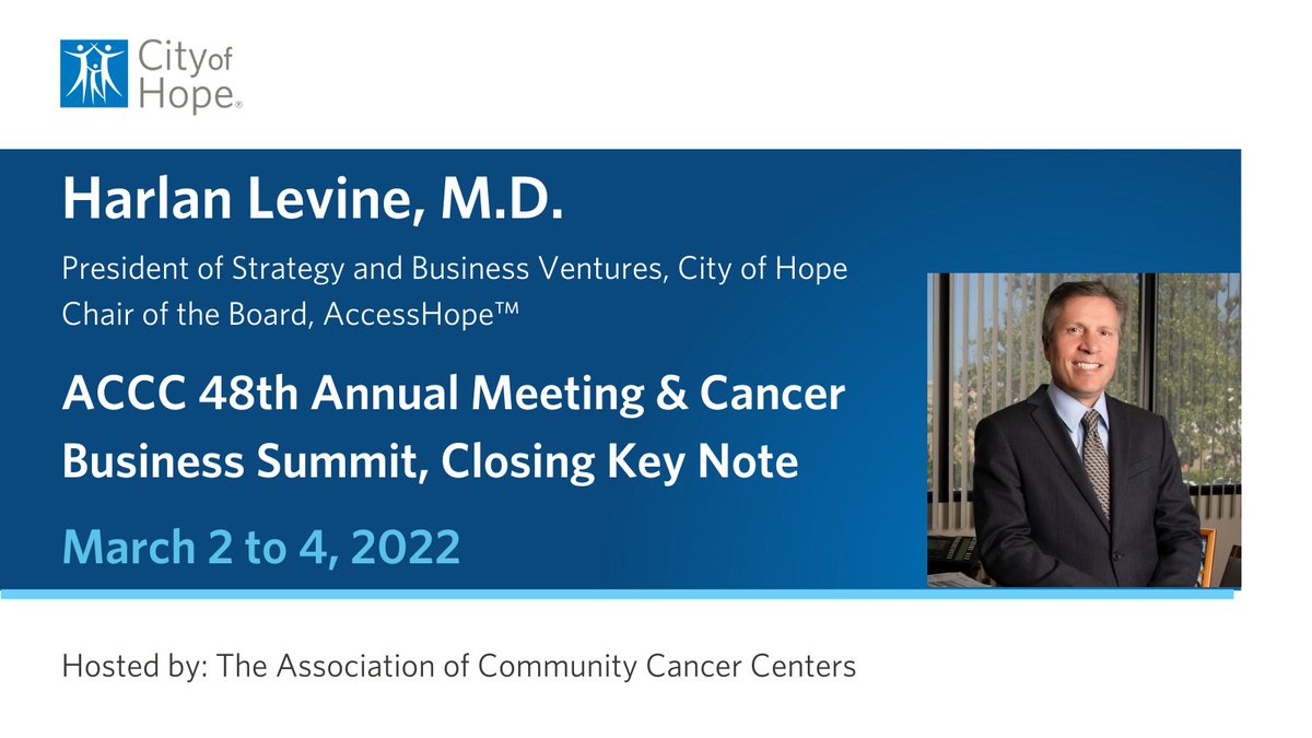 cityofhope's tweet photo. Harlan Levine, M.D. is the #keynote speaker at #AMCCBS by @ACCCBuzz. He’ll be speaking about what needs to happen to deconstruct the value equation when it comes to cancer care.

Register: https://t.co/u5LuOuvfTW #CancerSM https://t.co/rAEC7YVNew