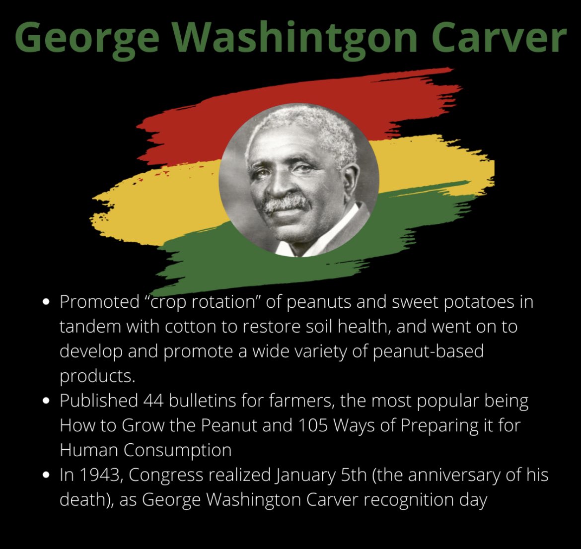 George Washington Carver promoted crop rotation and went on to develop and promote a wide variety of peanut products.

#engineering #ics #OAI #NSBE #BHM #BHM2022 #BlackHistoryMonth #BlackHistoryMonth2022 #BLM #access #inclusion #BlackInEngineering #BlackInSTEM