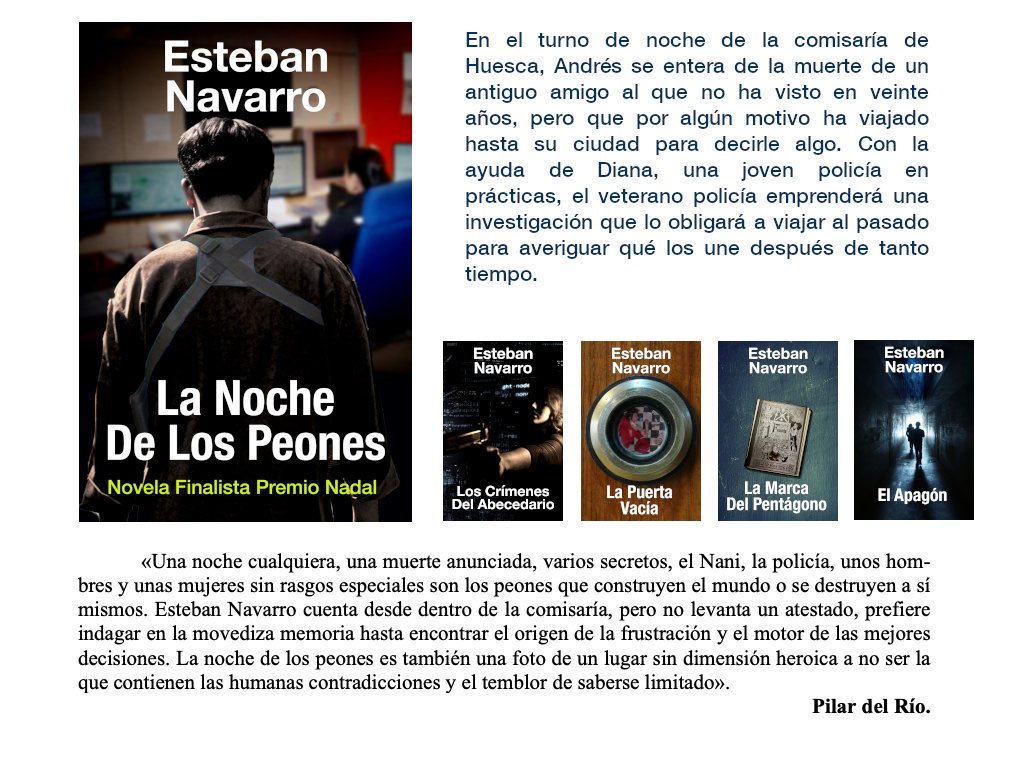 EstebanNavarroS's tweet photo. La Noche De Los Peones (Novela Finalista Premio Nadal) fue la primera aventura de la policía nacional Diana Dávila, a la que siguieron cuatro historias más:
https://t.co/xV3jfj05WE
¿Un RT? https://t.co/H6n1C3KCLf