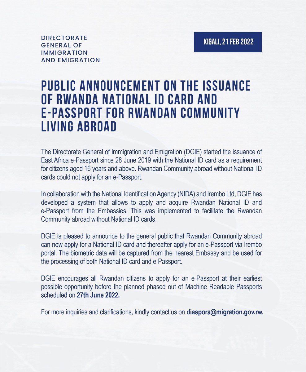 RwandaInGermany's tweet photo. - PUPBLIC ANNOUNCEMENT -

ON the Issuance of Rwanda National ID card (INDANGAMUNTU) to Rwandan Community Living Abroad  @Rwandamigration @rca_germany https://t.co/47hRVLfeOP