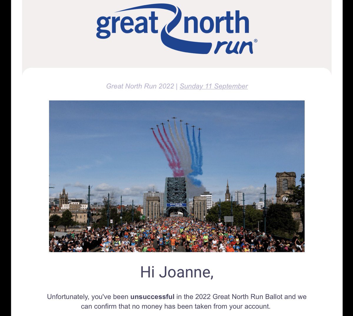 Another rejection for #GreatNorthRun.
